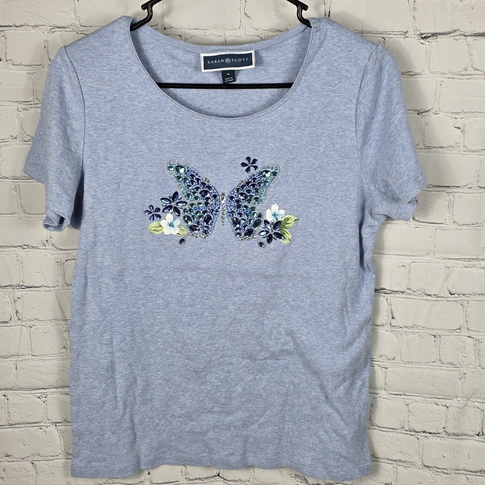 Karen Scott Light Blue Short Sleeve Embellished Butterfly Design T Shirt SZ. MED